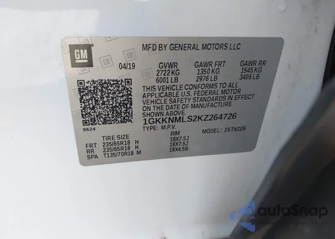 2019 GMC Acadia Slt-1 from USA, damaged, VIN 1GKKNMLS2KZ264726